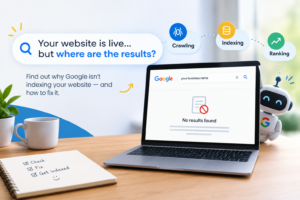 Why Is Google Not Indexing My Website? A visual guide showing a website with indexing, crawling, and ranking issues.